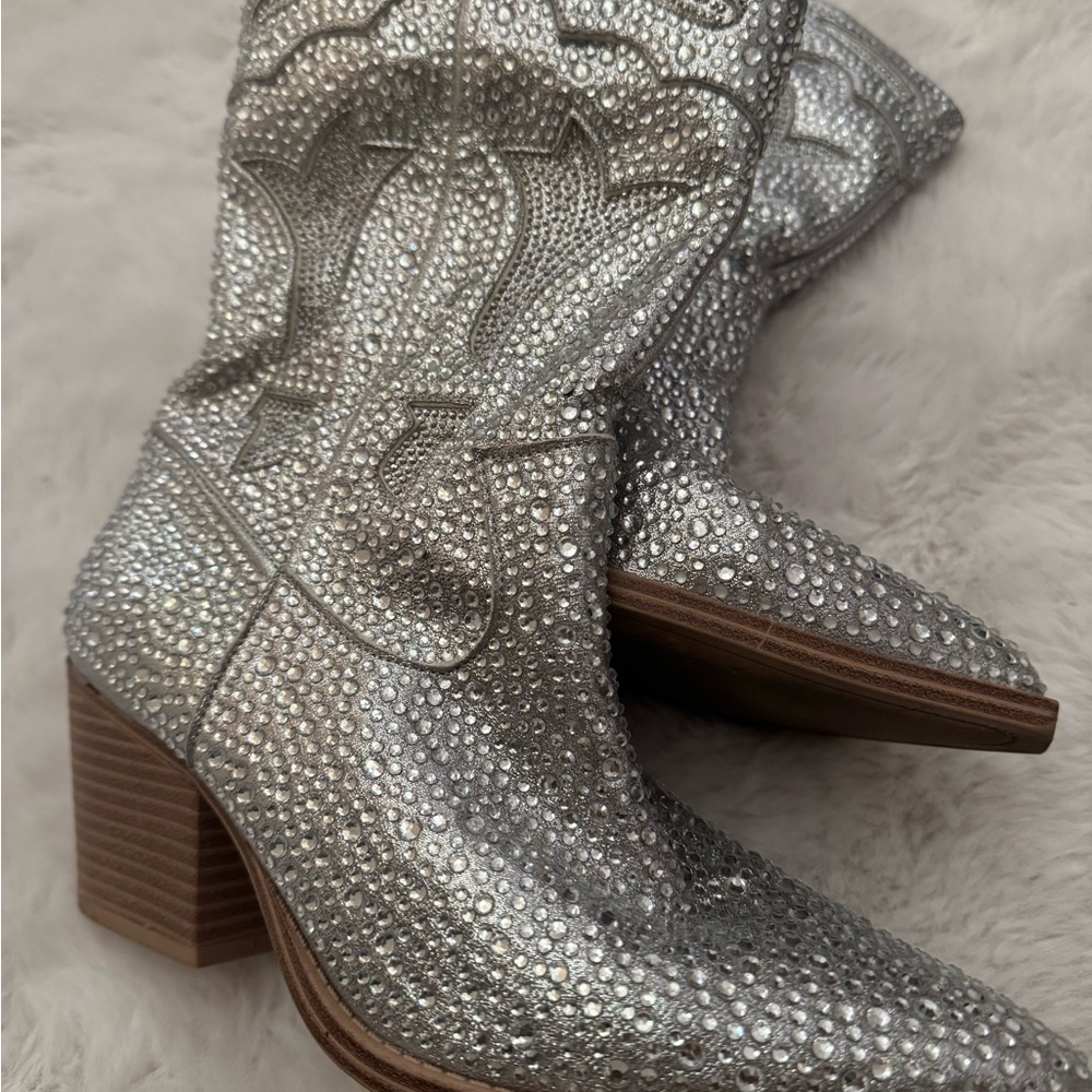 Crown Vintage Silver Rhinestone Western Block Heel Boots